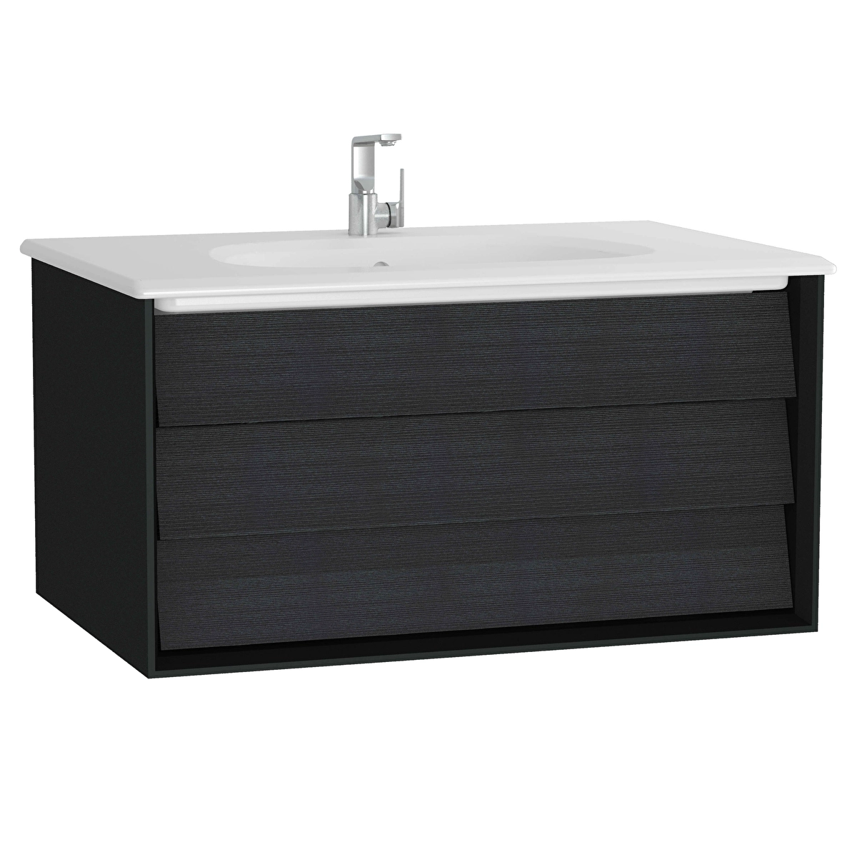 Frame Lavabo Dolabı, Mat Soft Siyah - Hareli Siyah Meşe