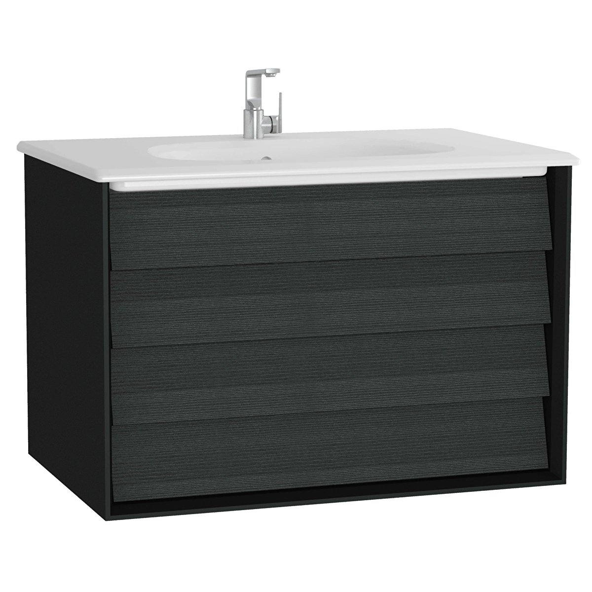 Frame Lavabo Dolabı, Mat Soft Siyah - Hareli Siyah Meşe
