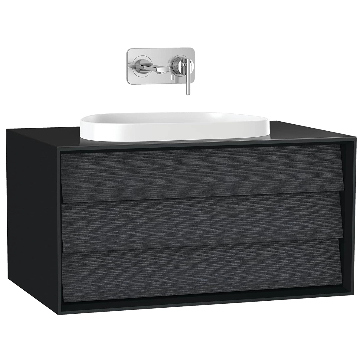 Frame Lavabo Dolabı, Mat Soft Siyah - Hareli Siyah Meşe